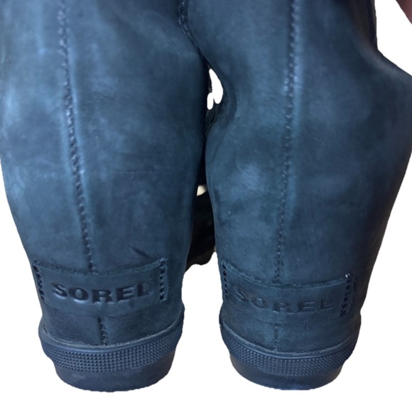 Sorel Joanie II Lace-Up Black Leather Wedge Sandals Womens Sz 10 Nubuck Leather - Picture 6 of 8